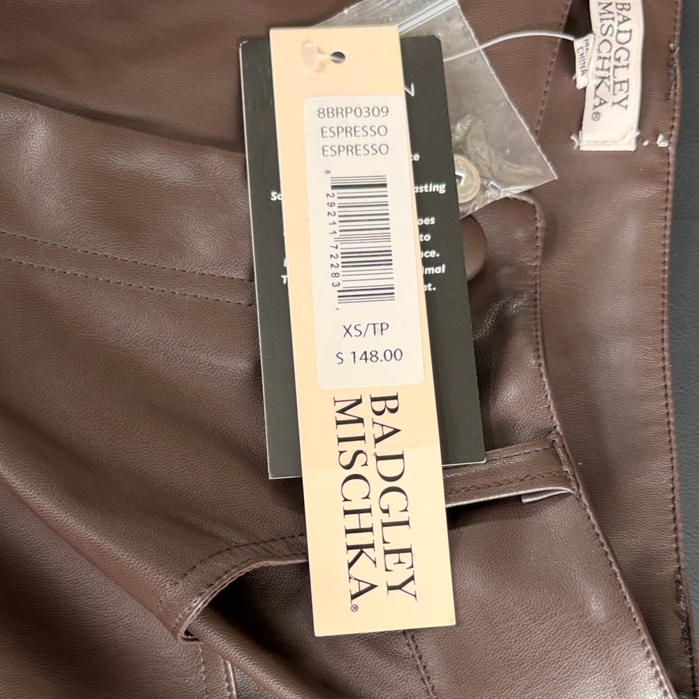 Badgley Mischka NWT Stretch Vegan Leather Straight Leg Pants Brown XS - Picture 5 of 10